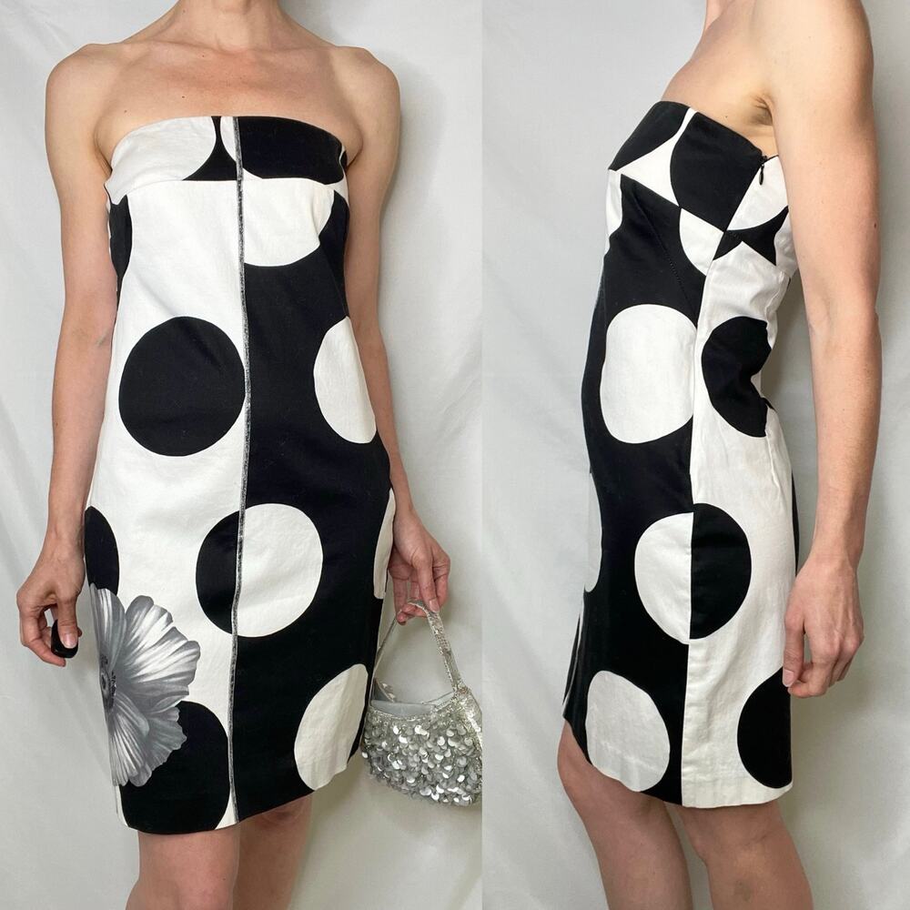 Cache strapless polka dot flower mini dress white black floral‎ vintage Y2K 4 - Picture 13 of 16